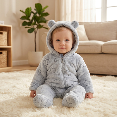 Bébé assis dans le salon avec sa combinaison bébé polaire bleue pâle.