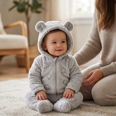 Bébé assis dans le salon avec sa combinaison bébé polaire grise.
