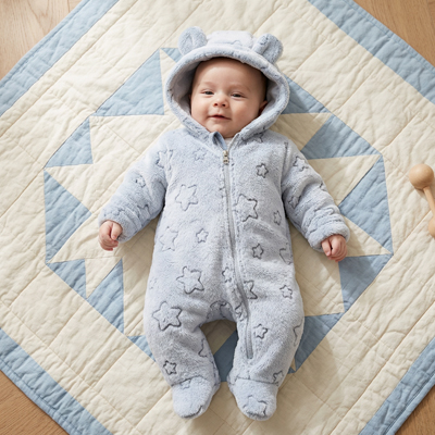 Combinaison bébé en polaire bleu pâle douce avec motifs étoiles.