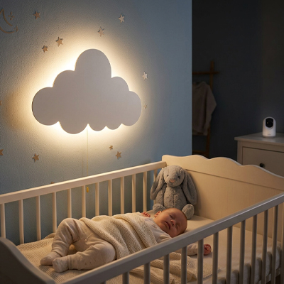 Veilleuse murale nuage allumée au dessus du lit de bébé