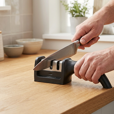Mains sur aiguiseur à couteaux professionnel noir