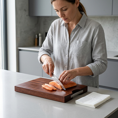 planche à découper professionnelle en bois avec viande