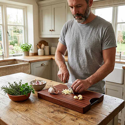 planche à découper professionnelle en bois sur comptoir