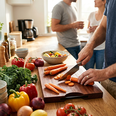 planche à découper professionnelle en bois avec légumes