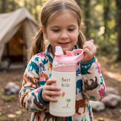 Gourde enfant rose avec paille intégrée agréable à utiliser en camping, dans la classe ou dans les sports de plein air