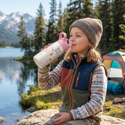 Jeune fille boit dans sa Gourde enfant avec un paille intégrée une boisson fraiche grace au propriété thermales
