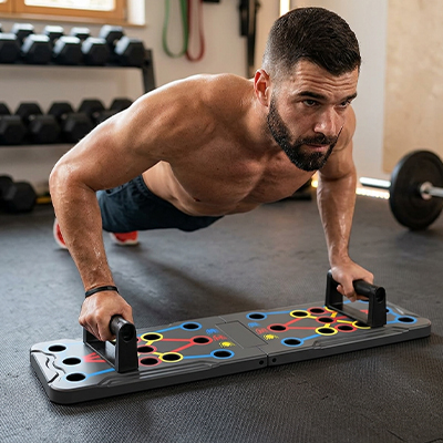 Homme s’entraîne sur Planche a pompe dans une salle.
