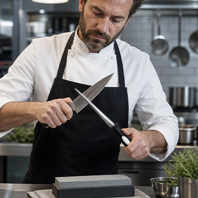 chef utilisant aiguiseur couteau pierre