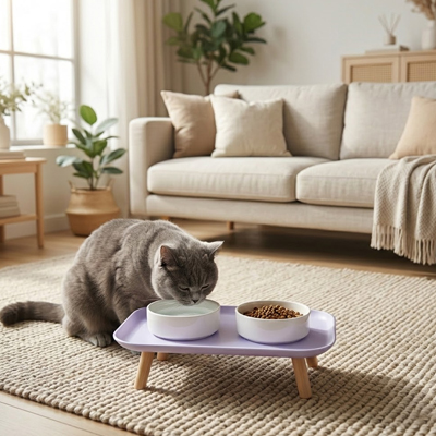 chat buvant dans gamelle chat surelevee plateau double bol mauve dans salon