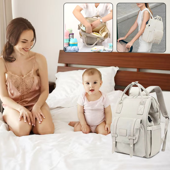 Sac à langer beige, maman et bébé assis dans le lit