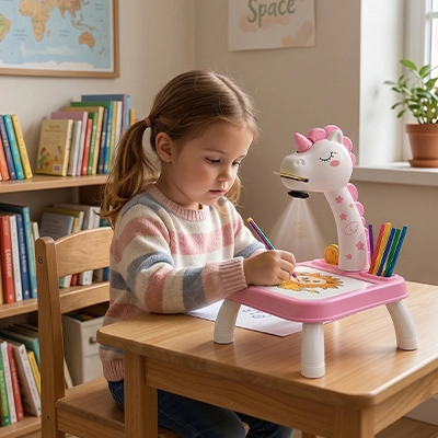 Projecteur dessin formule table à dessin rose et blanche licorne inclus les images et les crayons pour une station de jeux calme pour petits 3-6ans