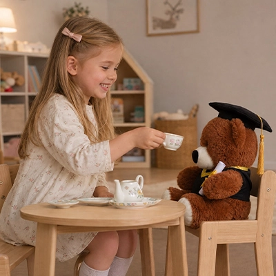 Ours en peluche brun douillet qui porte fièrement les vetement du finissant du lycé ou de la petite école