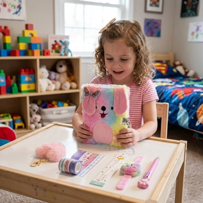 une enfant assise avec son Journal intime fille rêve de sa prochaine histoire qu'elle inventera