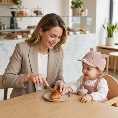 Casquette bebe maman et bebe a table