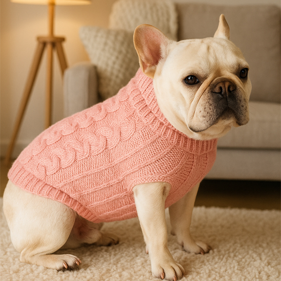 frenchie porte Pull chien rose assis sur moquette