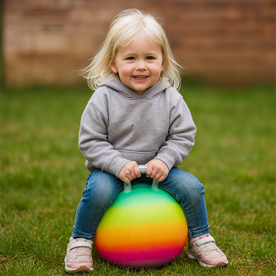 Fillette assise sur le Ballon sauteur exercant ses muscles et sa coordination tout en développant son équilibre