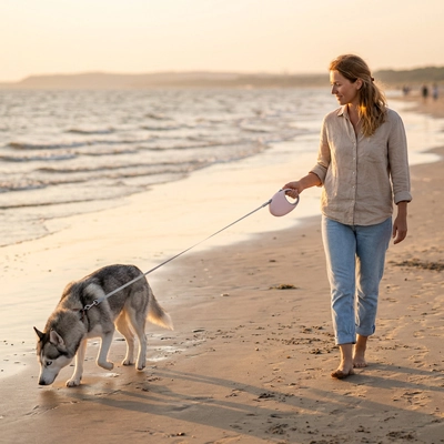 Laisse pour Chien femme qui se promene avec son chien sur la plage