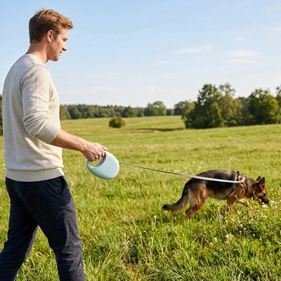 Laisse pour Chien homme qui se promene avec son berger allemand