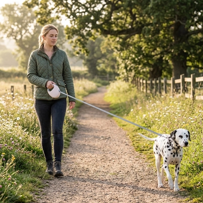 Laisse pour Chien femme qui se promene avec son dalmasien dans un parc