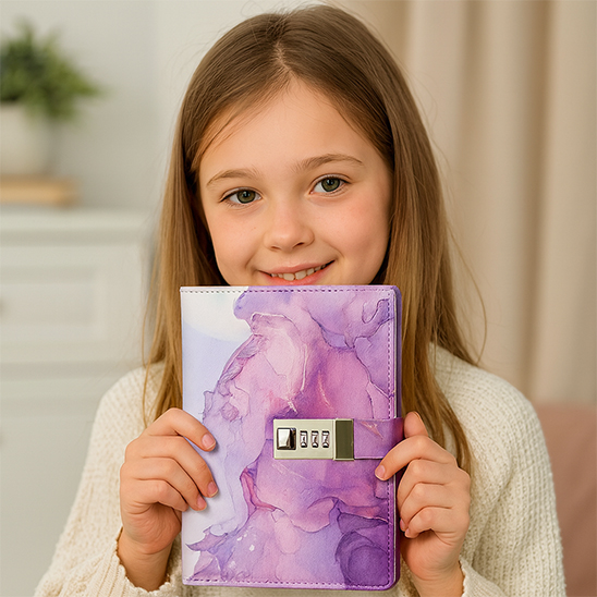 Jolie jeune fille tient contre son coeur son nouveau journal intime violet