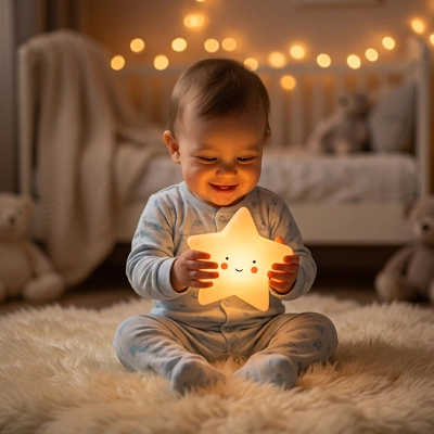Veilleuse bébé jaune entre les main de bébé assit sur un tapis -Douce Nuit