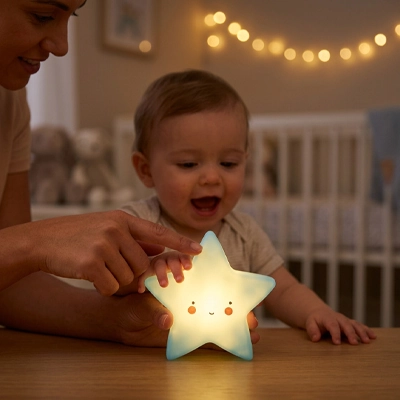 Veilleuse bébé bleue souriant avec maman - Douce Nuit