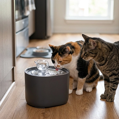 deux chats buvant fontaine à eau pour chat