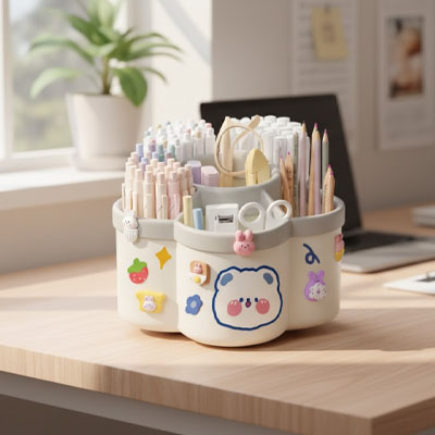 Pot à crayon TOUT en un , rotatif sections large contient tout e nécessaire pour les devoirs