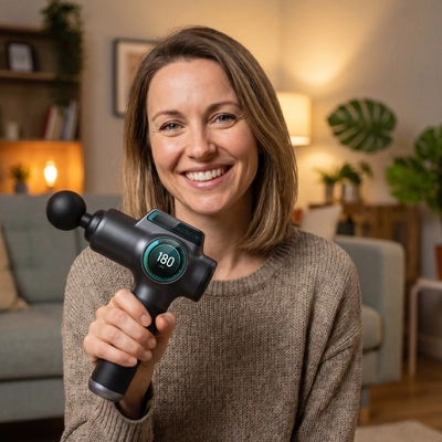 Une femme souriante tenant un pistolet de massage dans un salon.