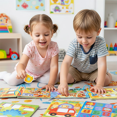 Livre pour enfant 2 enfant s amuse calmement dans la chambre avec leur busy book