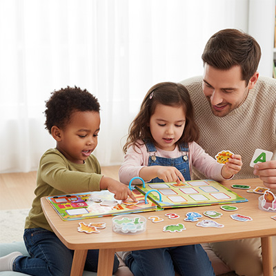 Livre pour enfant interactif avec défis à relever et pièces de velcro à coller à l'infinini