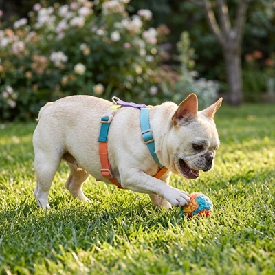 Harnais chien pog jouant a la balle avec son harnaos qui ne le gene pas