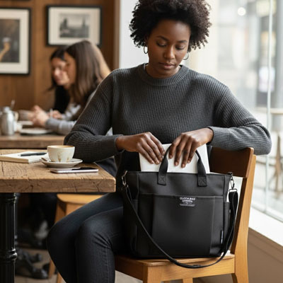 Femme tenant sac ordinateur femme