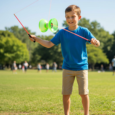 Le garçon expérimente des nouvelles techniques avec son Diabolo de qualité cirque