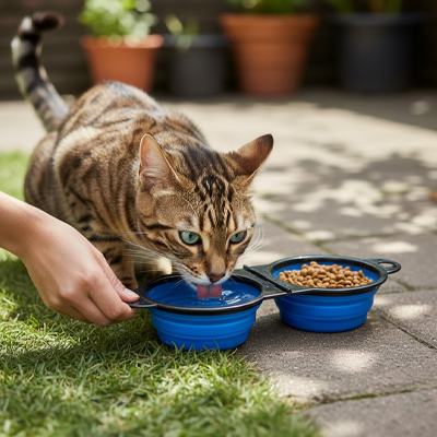 chat dans jardin buvant dans gamelles chat 2 en 1 pliable couleur bleu