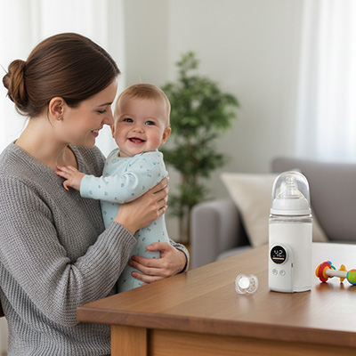 Maman et bébé heureux attendent que le chauffe biberon se réchauffe