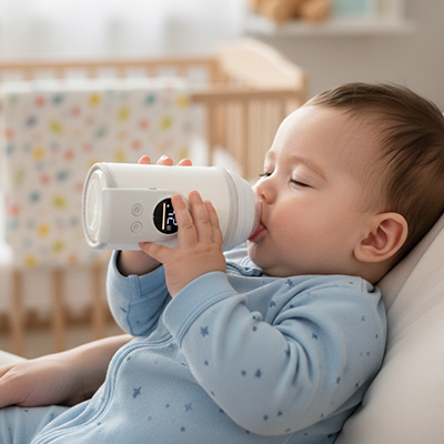 Bébé boit sont lait chaud grâce au chauffe biberon