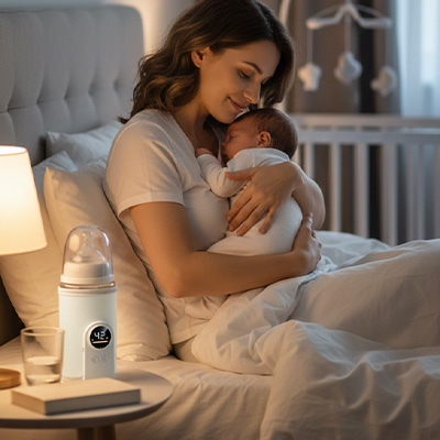 Dans la nuit, maman et bébé attendent le chauffe biberon