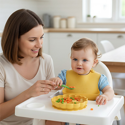 maman aide son bébé à manger dans Assiette bébé ventouse fleur coloris jaune