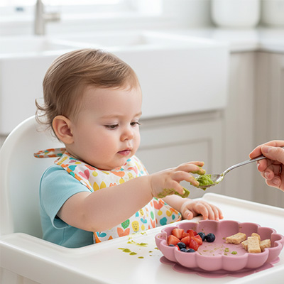 un enfant attrape ses aliments dans Assiette bébé ventouse fleur coloris rose