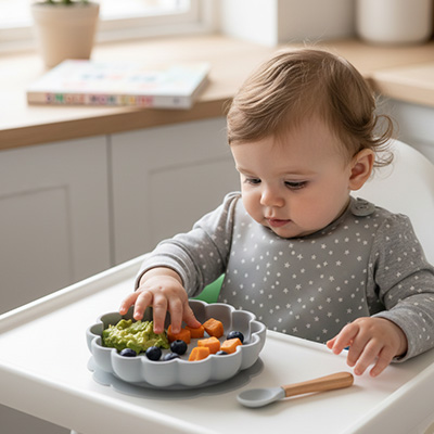 Assiette bébé ventouse fleur coloris bleu bébé autonome