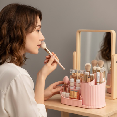 Organisateur de maquillage, rose, rotatif avec porte-brosse, grand rangement de cosmétiques rotatif