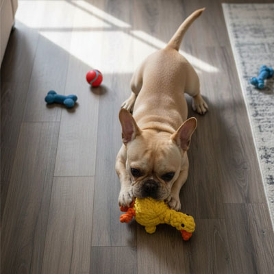 frenchie joue avec Peluche Chien sur parquet