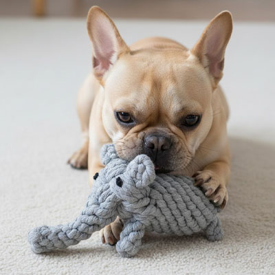 frenchie joue avec Peluche Chien sur moquette