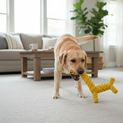 labrador joue avec Peluche Chien sur moquette