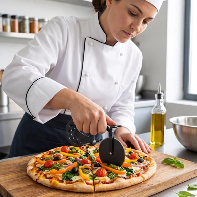 jeune femme en tablier de chef découpe une pizza avec le Couteau à pizza VéloCut