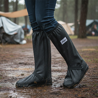 couvre chaussure aux pieds d'un homme en camping