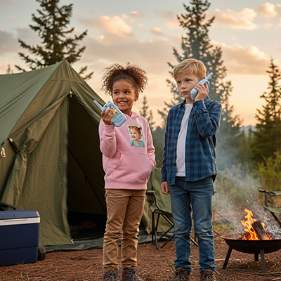 2 enfants au camping cet été avec leursTalkie walkie enfant   idéal pour communiquer sans smartphone