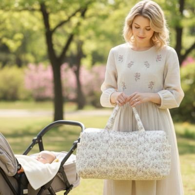 Sac a langer maman avec bebe dans la poussette qui fait une promenade au parc