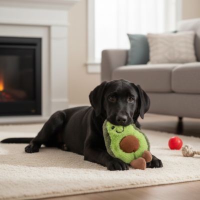 labrador joue avec Peluche Chien sur moquette